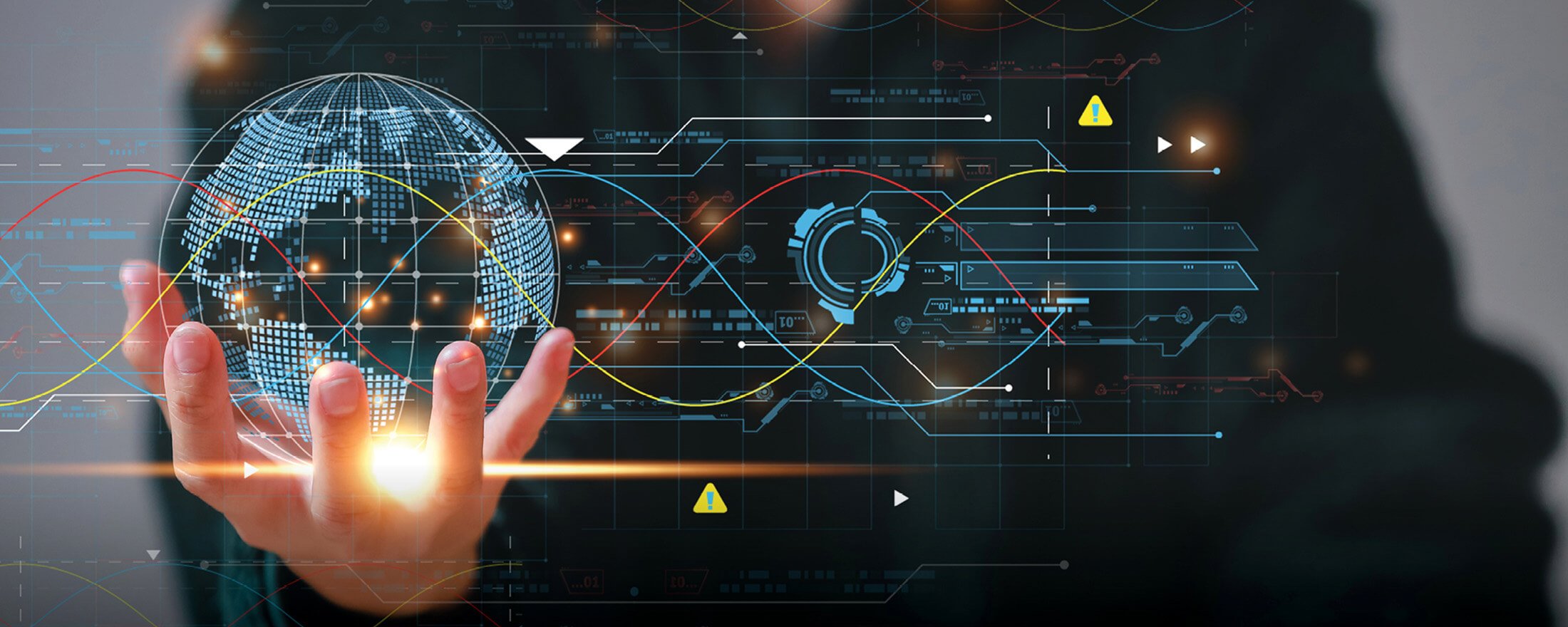 Abstract image of a person holding graphics of a globe and various technology graphics