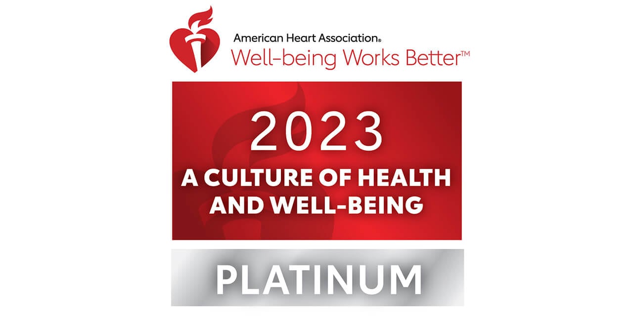 American Heart Association logo with the words, Well-being Works Better 2023 A Culture of Health and Well-Being Platinum