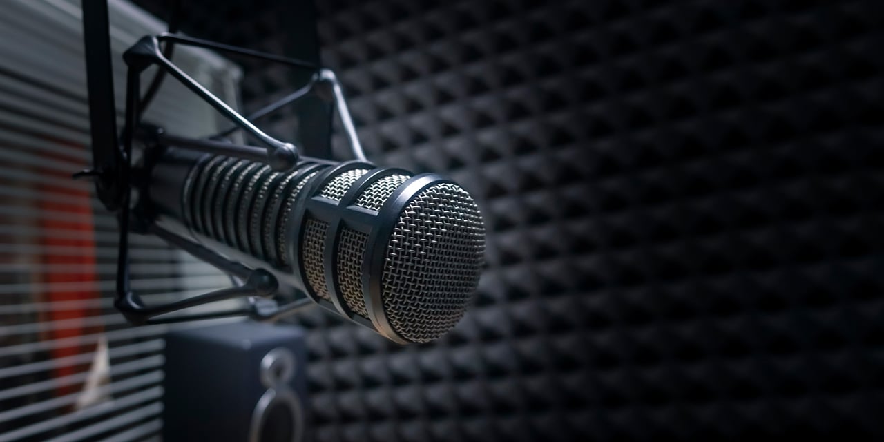 Microphone in a recording booth.