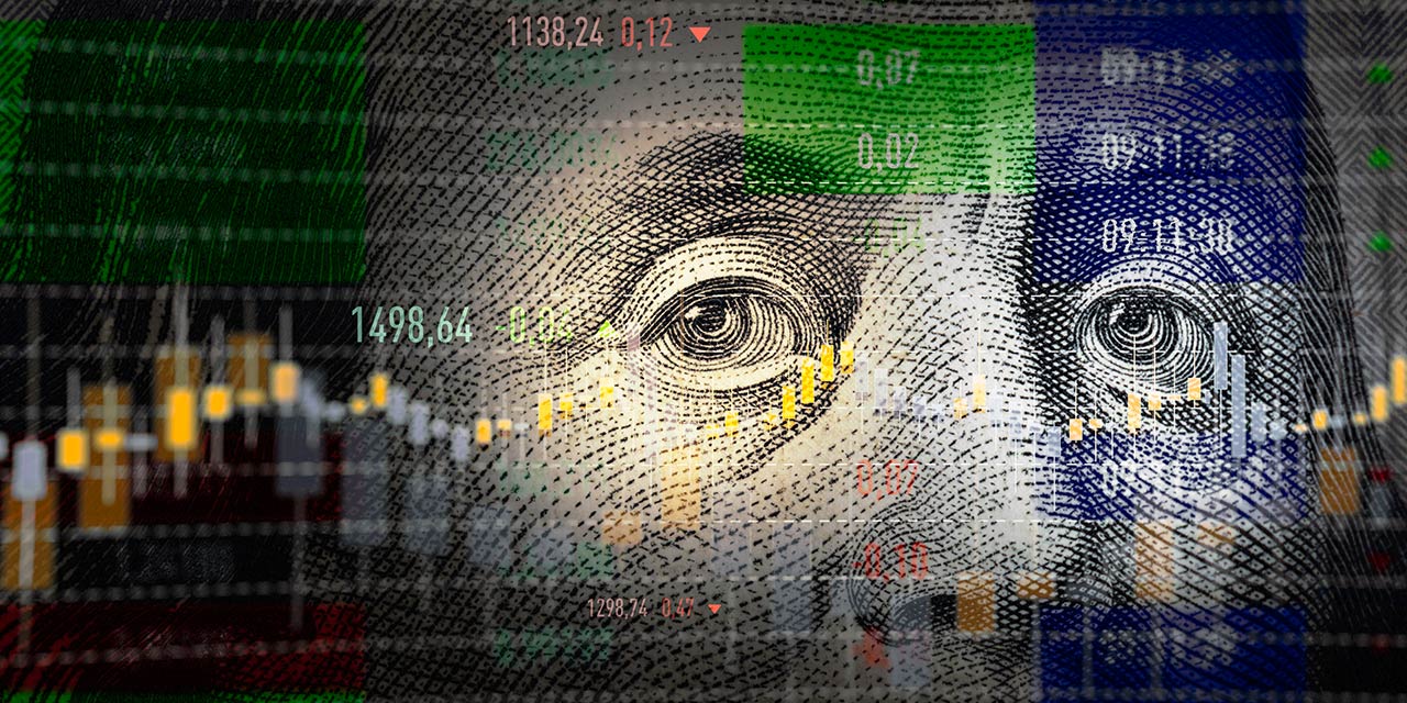 Image of graph laid over George Washington's face on the dollar bill.