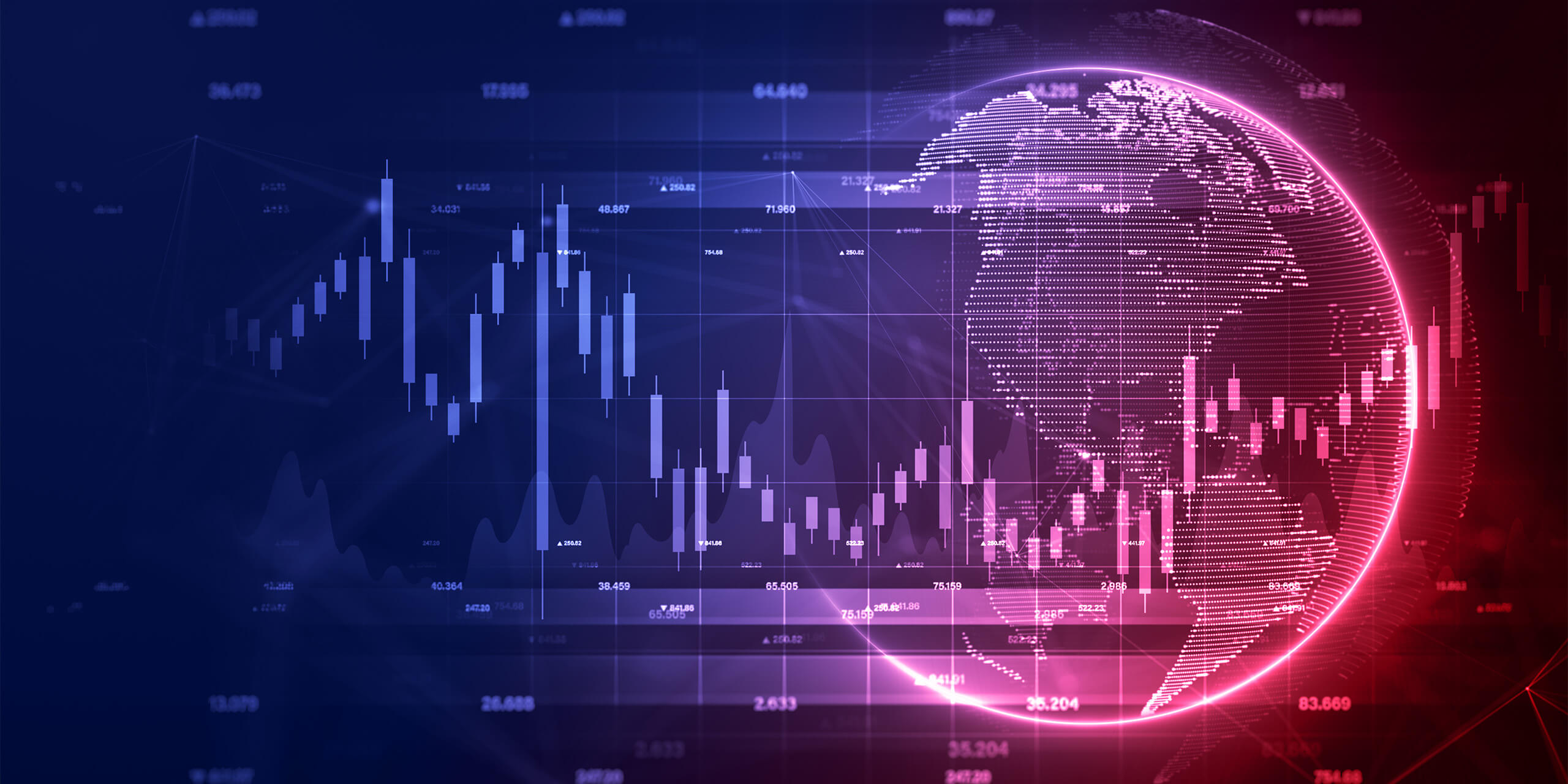 Abstract image of a globe behind various line and bar charts in neon purple, blue and red hues