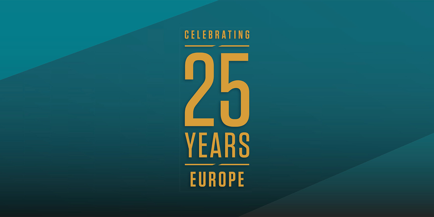 Teal shapes with styled text reading Celebrating 25 Years Europe