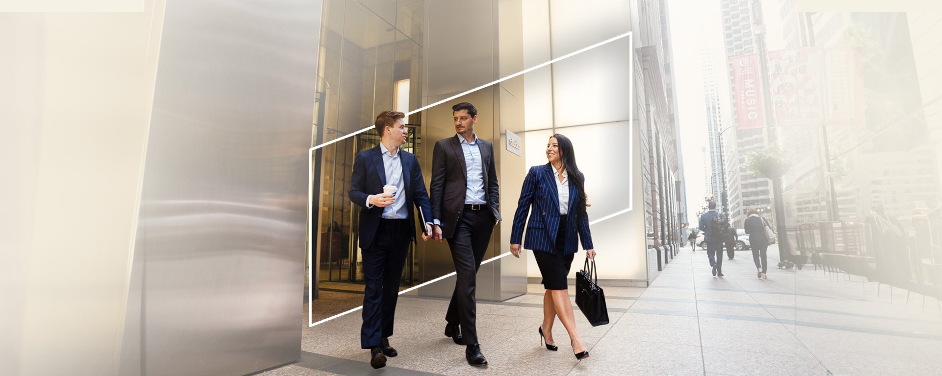 Three professionals walking with abstract image.