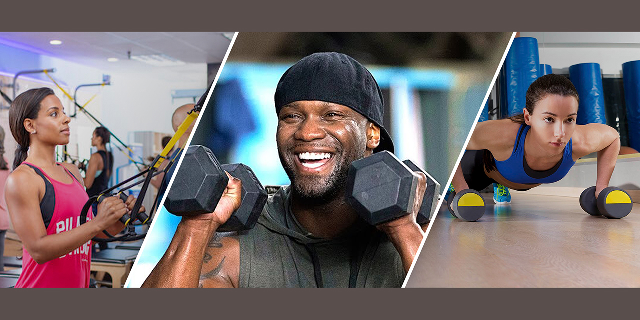 Collage of two women and a man using weights in a health club setting