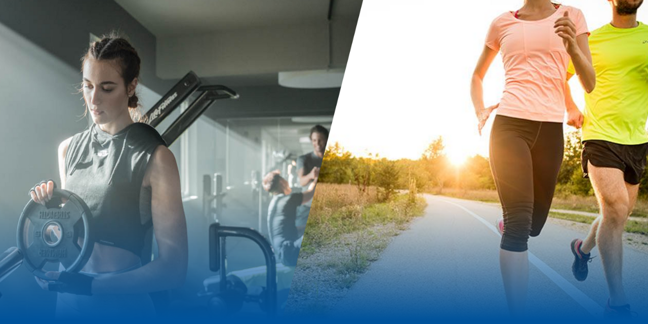 Collage of a woman racking weights at the gym and a man and woman jogging on a road