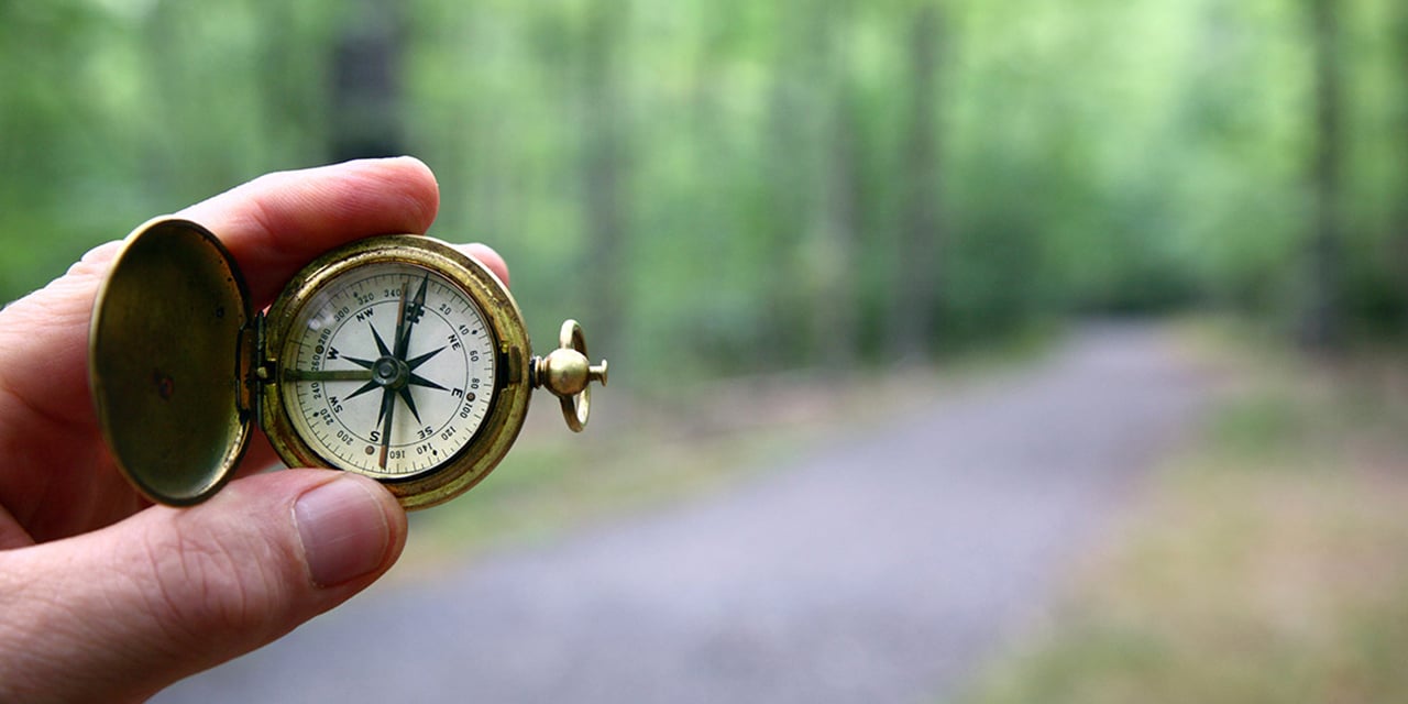 Photo of a hand holding a compas in the woods.