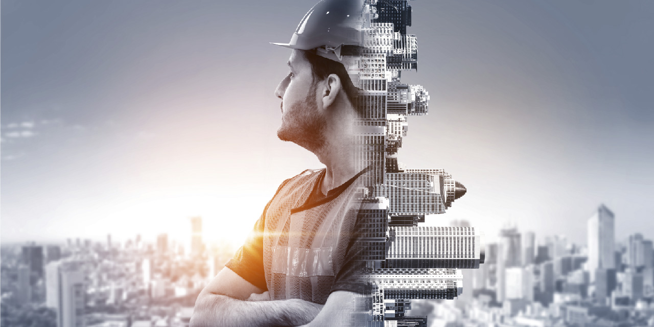 Abstract image of city skylines and a construction worker