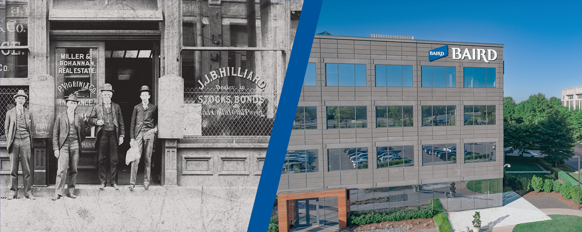 Compilation image showing an old photo of four people outside a J.J.B. Hilliard office on the left and Baird's Louisville East branch office building on the right